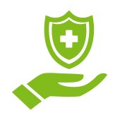 Getekende groene hand met daarin een groen schild met witte plus Getekende groene hand met daarin een groen schild met witte plus