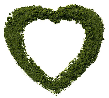 Super chlorella poeder neergelegd in de vorm van een hart Super chlorella poeder neergelegd in de vorm van een hart