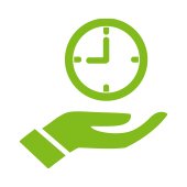 Getekende groene hand met daarin een getekende groene klok Getekende groene hand met daarin een getekende groene klok