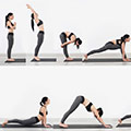 Een vrouw in een sporttop en -legging die 6 verschillende yoga oefeningen doet 