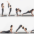 Een vrouw in een sporttop en -legging die 6 verschillende yoga oefeningen doet