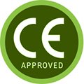 Groen, getekend rondje met daarin de tekst CE approved Groen, getekend rondje met daarin de tekst CE approved