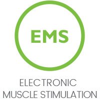 Groene cirkel met in het midden de letters EMS - electronic muscle stimulation Groene cirkel met in het midden de letters EMS - electronic muscle stimulation