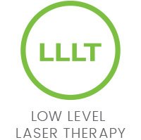 Groene cirkel met in het midden de letters LLLT - Low level laser therapy Groene cirkel met in het midden de letters LLLT - Low level laser therapy