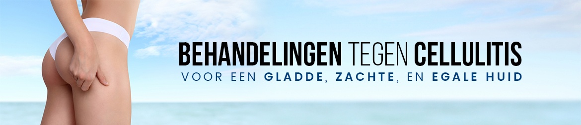 Banner celulite - behandeling tegen celulite, een vrouw in haar onderbroek die haar bovenbeen vast heeft