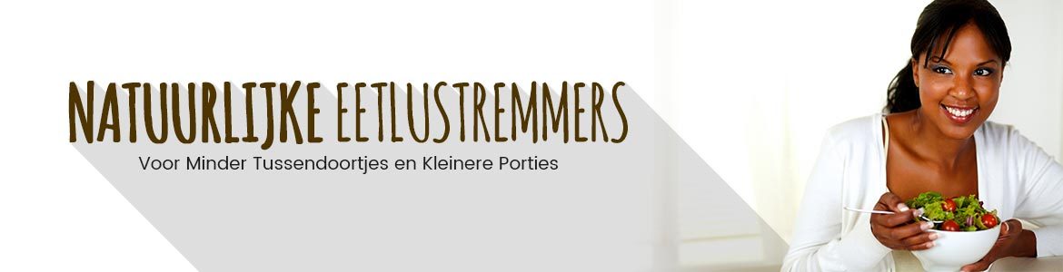 Banner eetlusremmers - Vrouw met een schaaltje salada en met als tekst voor minder tussendoortjes en kleinere porties 