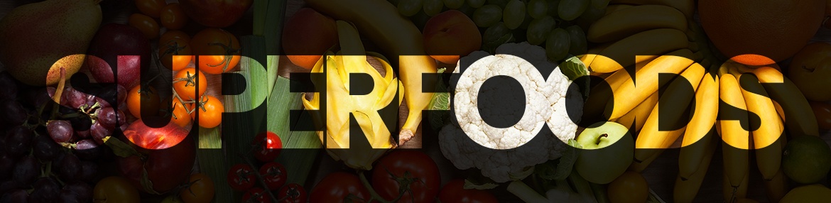 Banner superfoods - Achtergrond met allemaal superfoods en daarover heen als tekst Superfoods