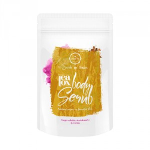 Witte verpakking met geel label met daarin 200 gram Ortte body scrub tegen celulite Witte verpakking met geel label met daarin 200 gram Ortte body scrub tegen celulite