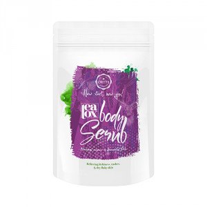 Witte verpakking met paars label met daarin 200 gram Ortte body scrub voor droge huid Witte verpakking met paars label met daarin 200 gram Ortte body scrub voor droge huid
