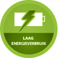 Een groen, getekend rondje met daarin een batterij, stroomteken en als tekst laag energieverbruik Een groen, getekend rondje met daarin een batterij, stroomteken en als tekst laag energieverbruik