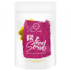 Witte verpakking met roze label met daarin 200 gram face scrub van Ortte Witte verpakking met roze label met daarin 200 gram face scrub van Ortte