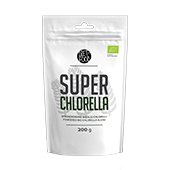 Witte verpakking met daarin 200 gram pure super Chlorella poeder van DietFood Witte verpakking met daarin 200 gram pure super Chlorella poeder van DietFood