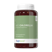 Transparant bruin potje met groen label met daarin 375 bio chlorella tabletten van WeightWorld Transparant bruin potje met groen label met daarin 375 bio chlorella tabletten van WeightWorld