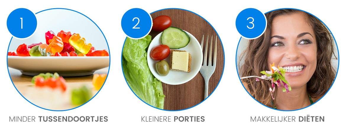 1. minder tussendoortjes (gummieberen) 2. kleinere porties (komkommer, olijf, kaas)  3. makkelijker dieten (vrouw met salade)