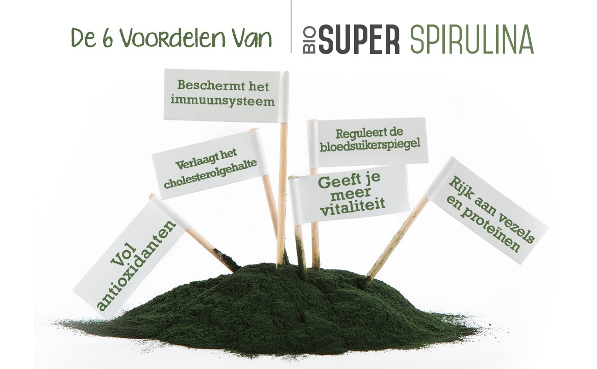 Infographic bio spirulina - De 6 voordelen van bio spirulina zoals meer vitaliteit en bescherming immuunsysteem 