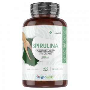 Bruin potje met groen label met erin 375 bio spirulina tabletten van WeightWorld Bruin potje met groen label met erin 375 bio spirulina tabletten van WeightWorld