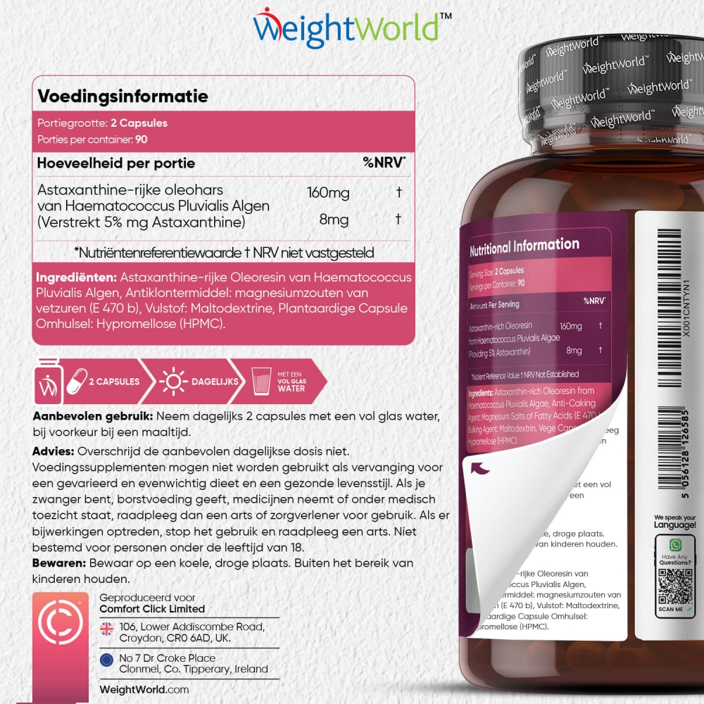 Astaxanthine capsules 8 mg en 180 capsules WeightWorld