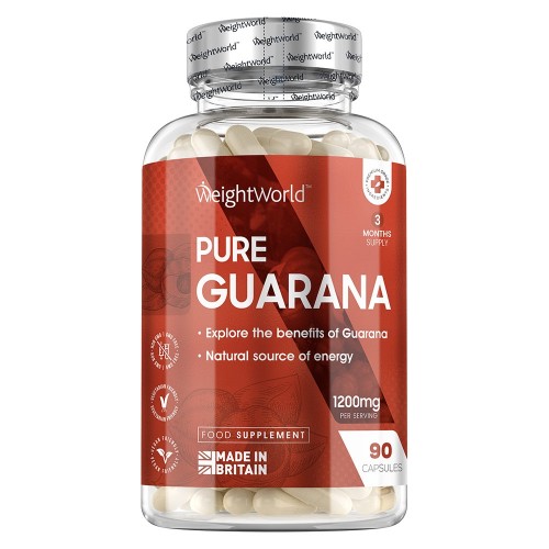 Transparant potje met rood label en erin 90 pure guarana capsules van WeightWorld Transparant potje met rood label en erin 90 pure guarana capsules van WeightWorld