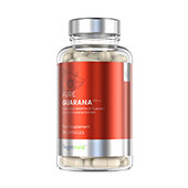 Transparant potje met rood label en erin 90 pure guarana capsules van WeightWorld Transparant potje met rood label en erin 90 pure guarana capsules van WeightWorld