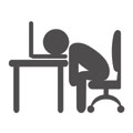 Een getekend figuur dat achter een bureau zit op een stoel terwijl zijn hoofd op zijn laptop ligt die op het bureau staat