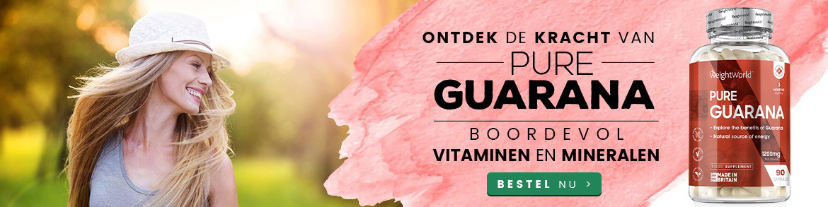 Banner Guarana - Zijprofiel van vrouw die een hoedje op heeft en aan het glimlachen is + ontdek de kracht van pure guarana