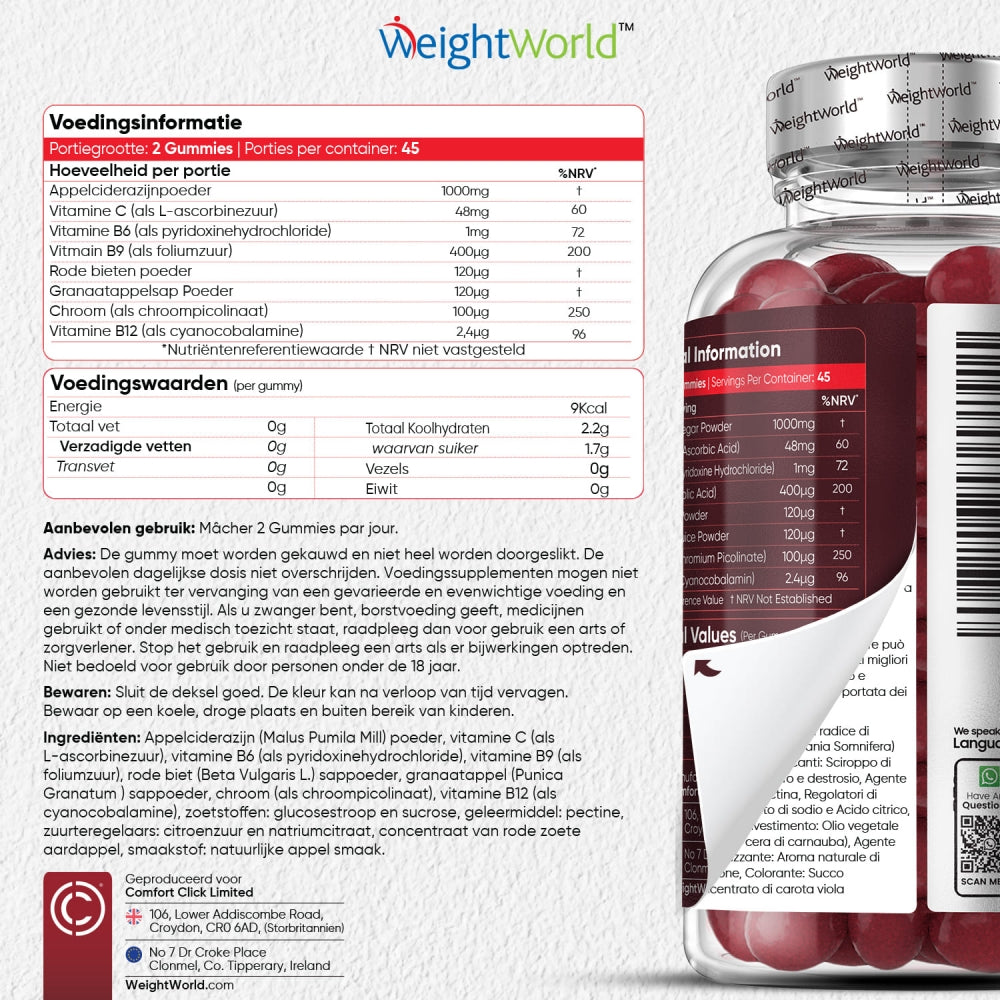 Advies, gebruik en ingrediëntenlijst van de appelazijn gummies van WeightWorld