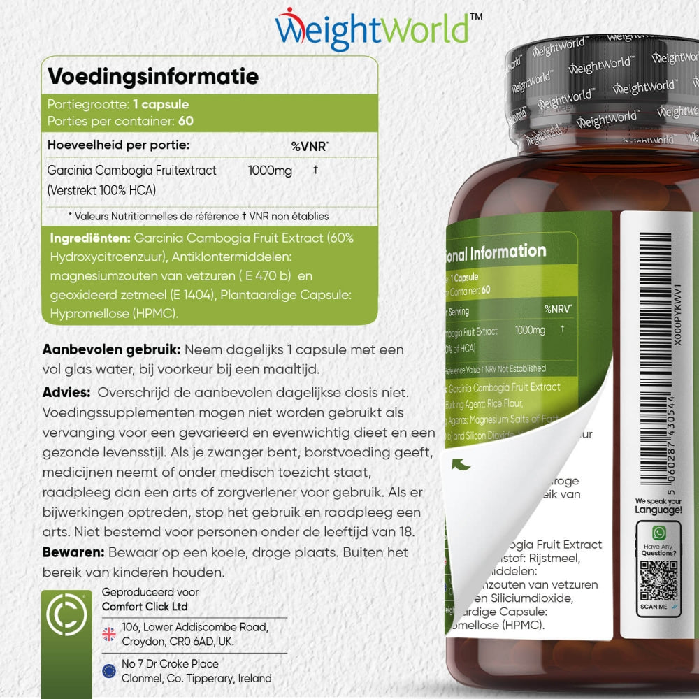 Advies, gebruik en ingrediëntenlijst van de Garcinia Cambogia capsules van WeightWorld