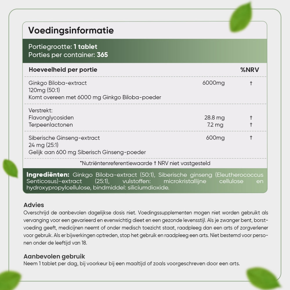 Advies, gebruik en ingrediëntenlijst van de Ginkgo Biloba tabletten van WeightWorld