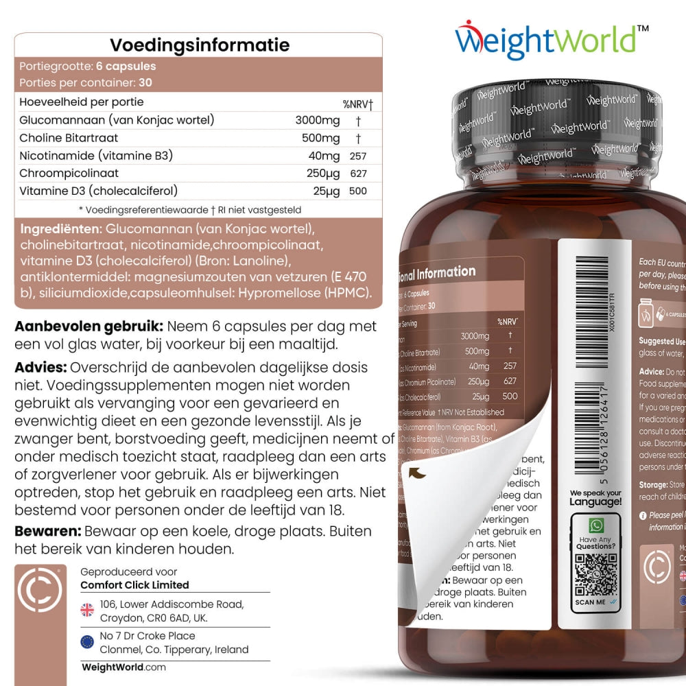 Het gebruik, advies en ingrediëntenlijst van het glucomannan supplement van WeightWorld