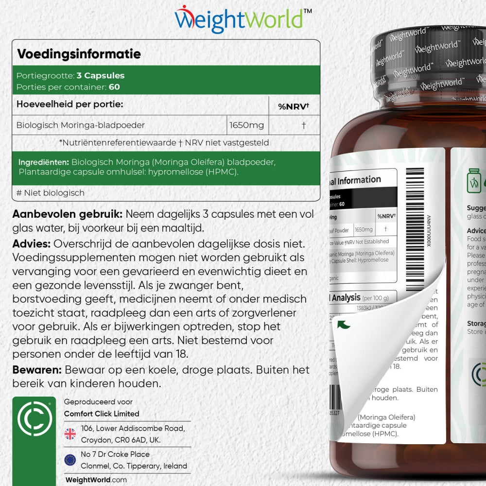Gebruik, advies en ingrediëntenlijst van de biologische moringa capsules van WeightWorld