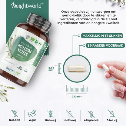 Ons pyllium husk vezel supplement bevat kleine capsules die gemakkelijk door te slikken zijn