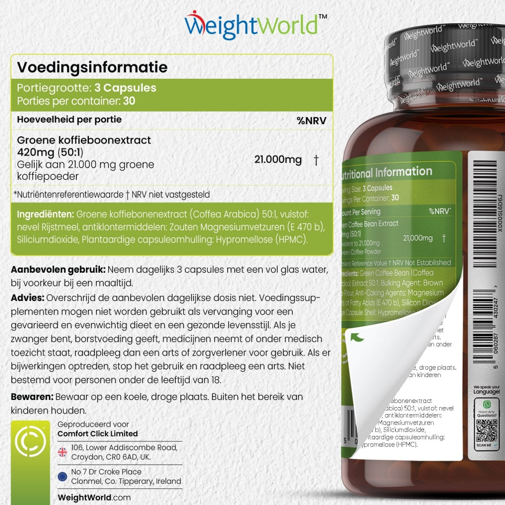 Advies, gebruik en ingrediëntenlijst van de green coffee capsules van WeightWorld