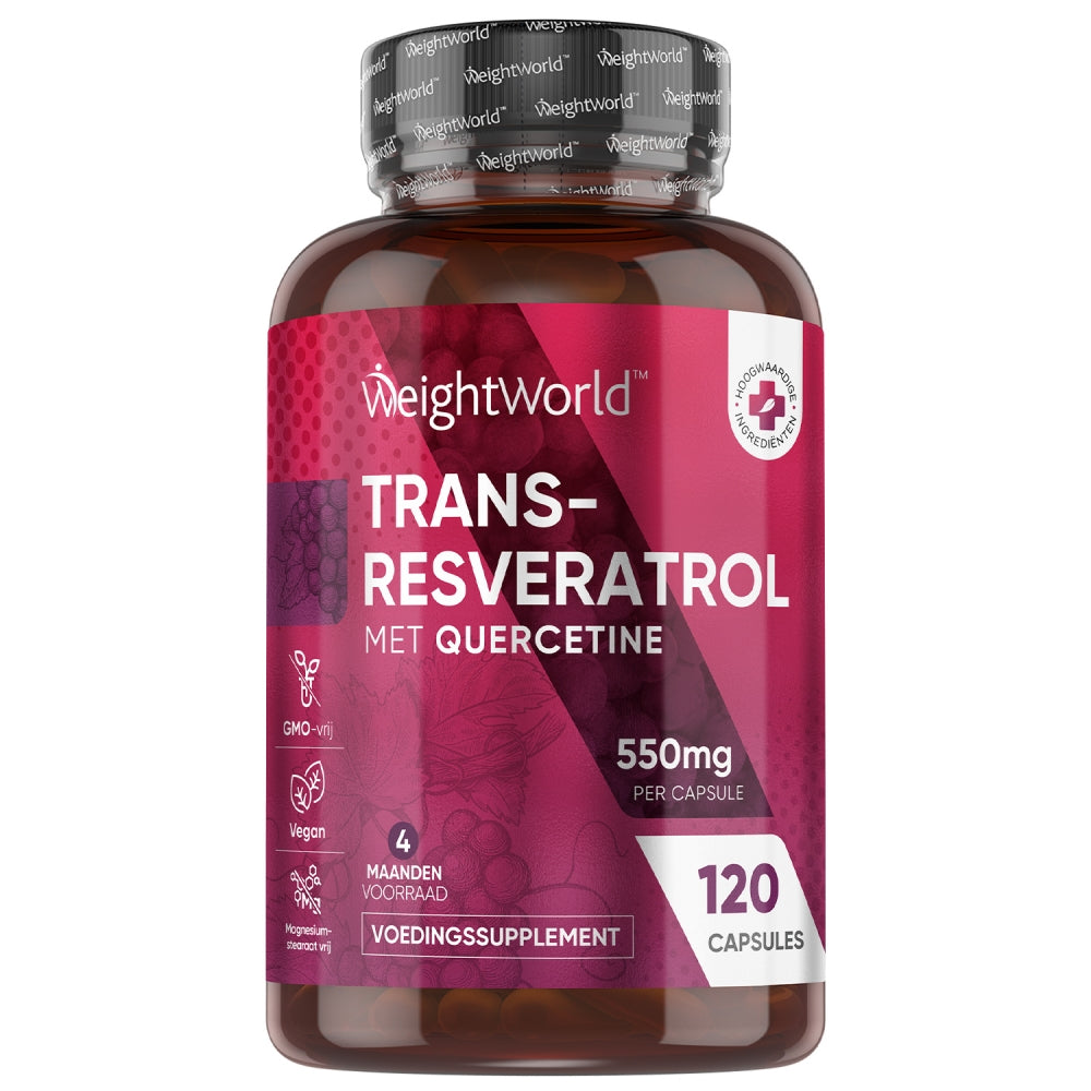 Een potje resveratrol capsules met quercetine van WeightWorld