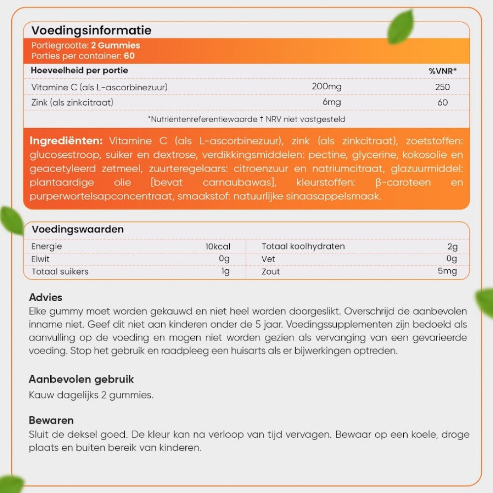 Advies, gebruik en ingrediëntenlijst van de vitamine C met zink gummies van WeightWorld