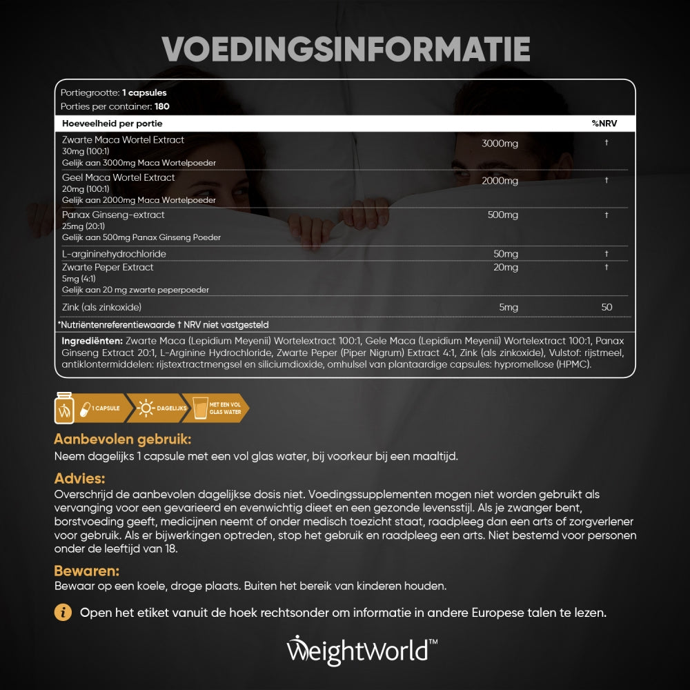 Advies, gebruik en ingrediëntenlijst van het zwarte maca capsules van WeightWorld