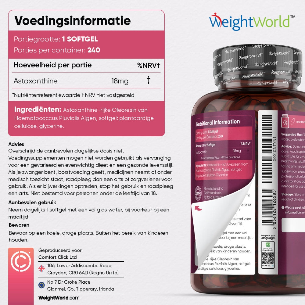 Dosering en ingrediënten in WeightWorld astaxanthine softgels 